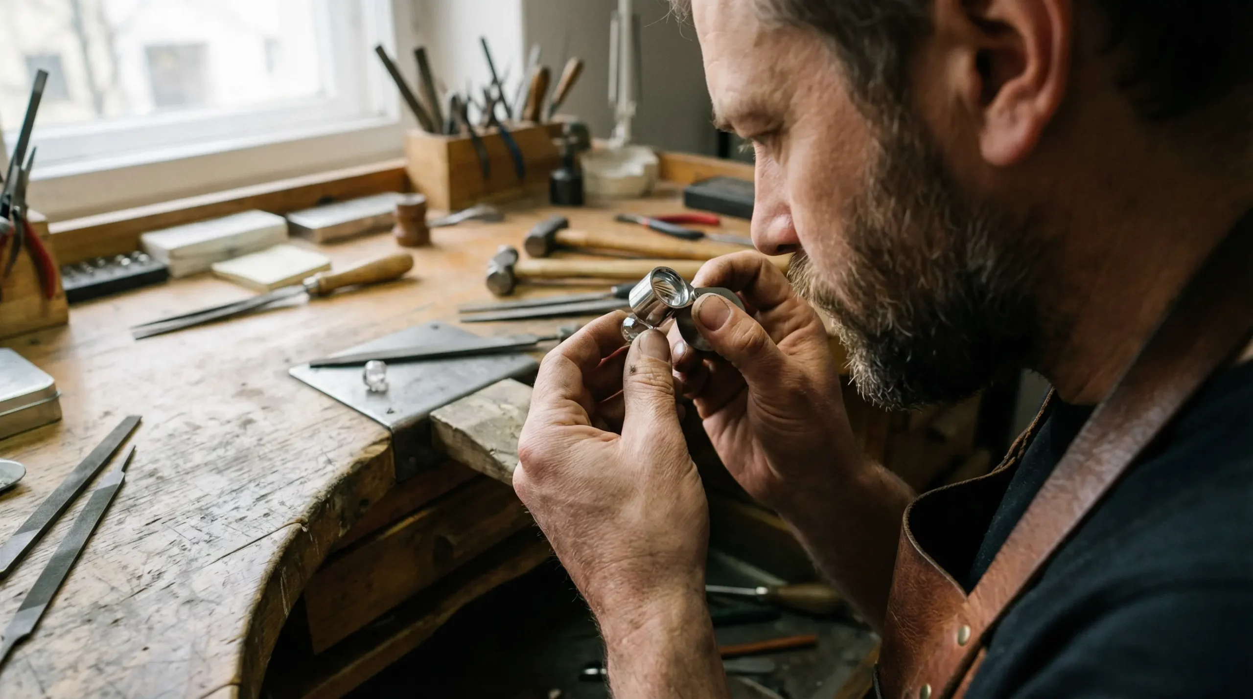 Artisan bijoutier travaillant sur bague personnalisée dans son atelier
