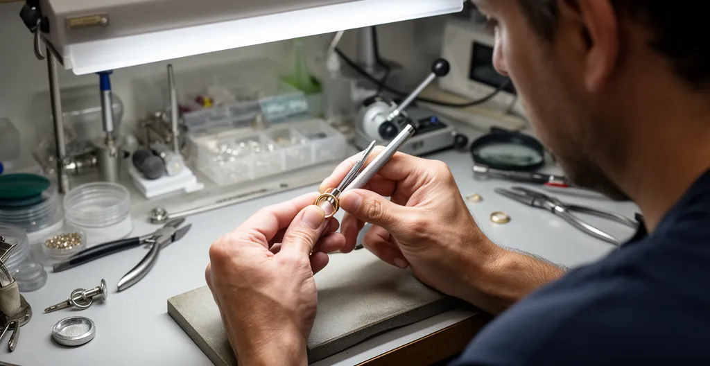 Artisan en train de polir une bague personnalisée à l'établi