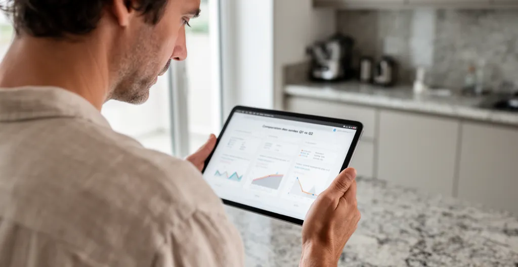 Personne consultant une comparaison d'offres d'assurance emprunteur sur tablette