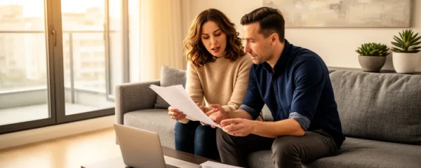 Couple trentenaire analysant leur projet de crédit immobilier dans leur salon