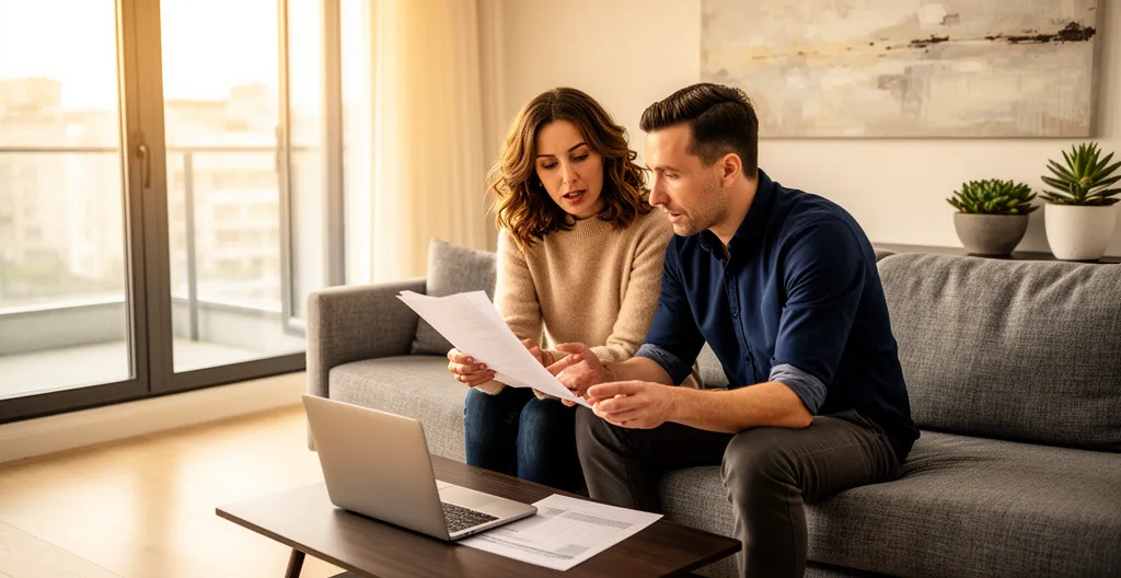 Couple trentenaire analysant leur projet de crédit immobilier dans leur salon