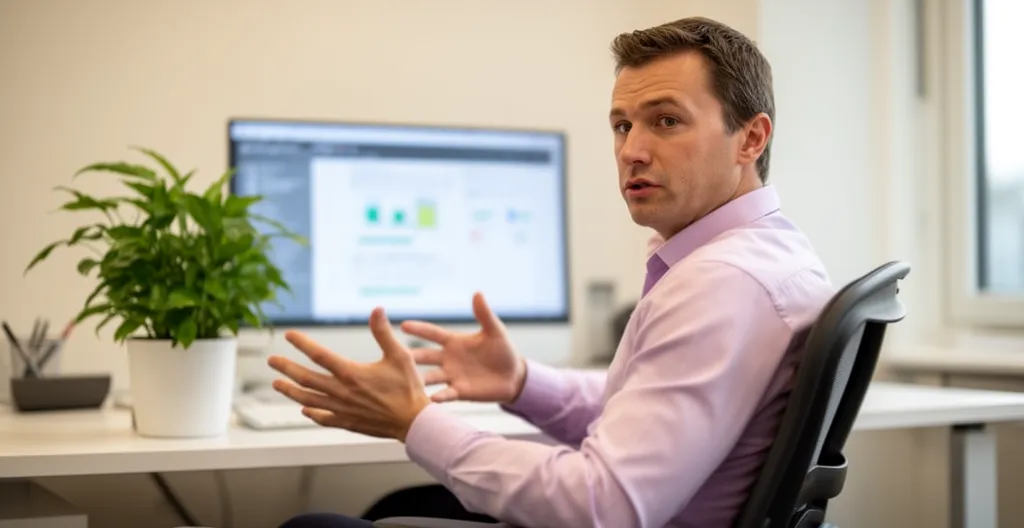 Courtier immobilier expliquant les conditions de prêt à son client dans un bureau moderne