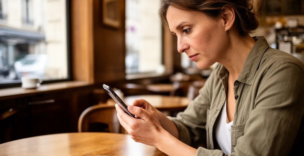 Femme consultant des informations sur son smartphone dans un café typique de Bordeaux