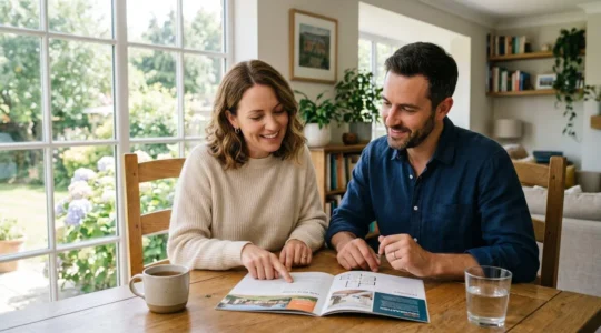 Couple adulte regardant des documents de prêt immobilier dans un appartement lumineux, souriant face à leur projet