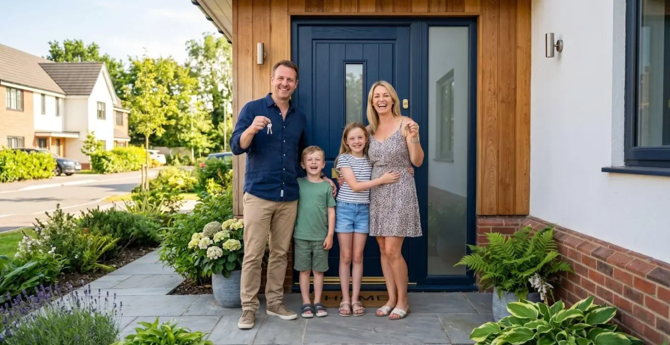 Famille avec enfants devant la porte d'entrée d'un logement neuf dans un quartier résidentiel calme