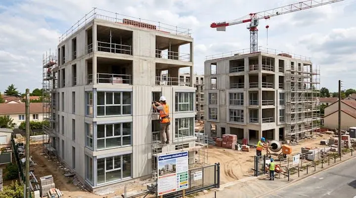 Chantier de construction d'immeubles résidentiels neufs avec structure béton apparente, grue et ouvriers au travail, programme éligible au financement PTZ, zone périurbaine française