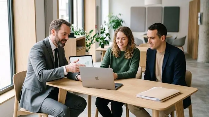 Conseiller bancaire et jeune couple examinant ensemble un écran d'ordinateur lors d'un rendez-vous dans une agence bancaire moderne, ambiance professionnelle et rassurante