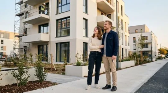 Jeune couple primo-accédant debout devant un immeuble résidentiel neuf en construction, regardant leur futur logement avec optimisme, lumière dorée de fin de journée, contexte urbain français contemporain
