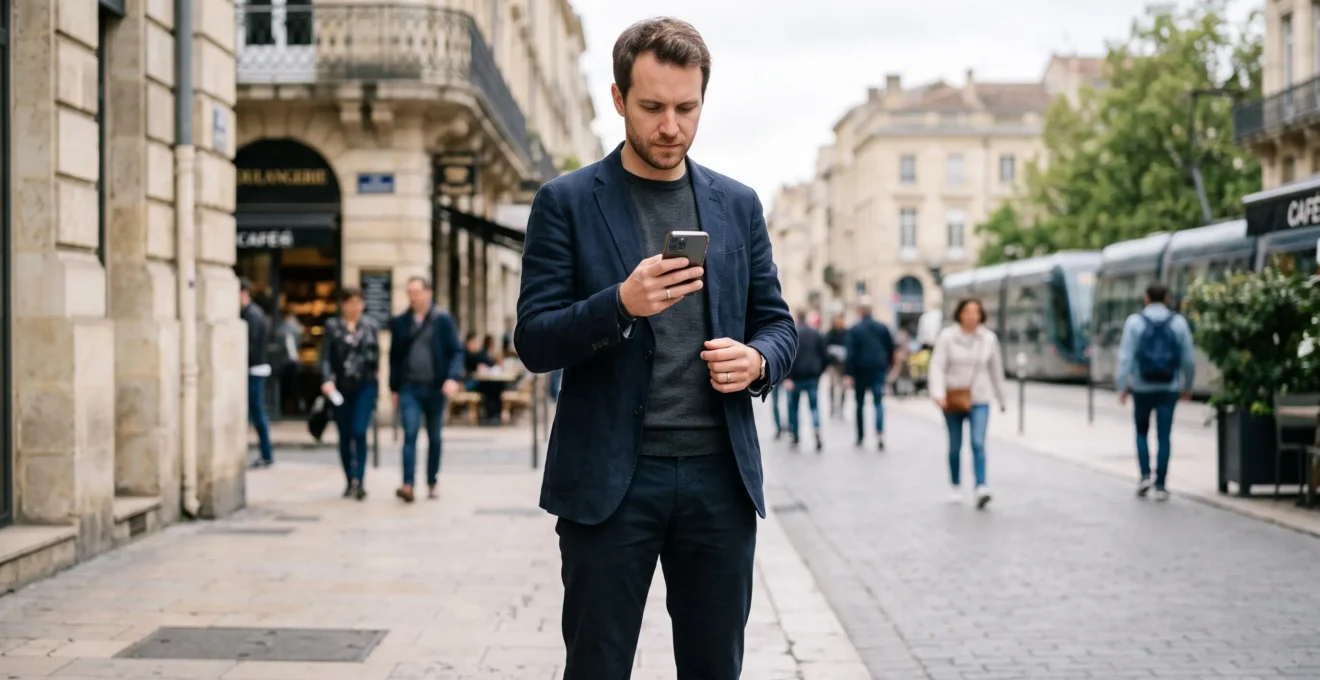Un homme consulte son smartphone en extérieur dans un environnement urbain, concentré sur l'écran.