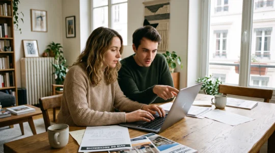 Un jeune couple consulte ensemble un ordinateur portable à la table de leur salon, entouré de documents et brochures immobilières.