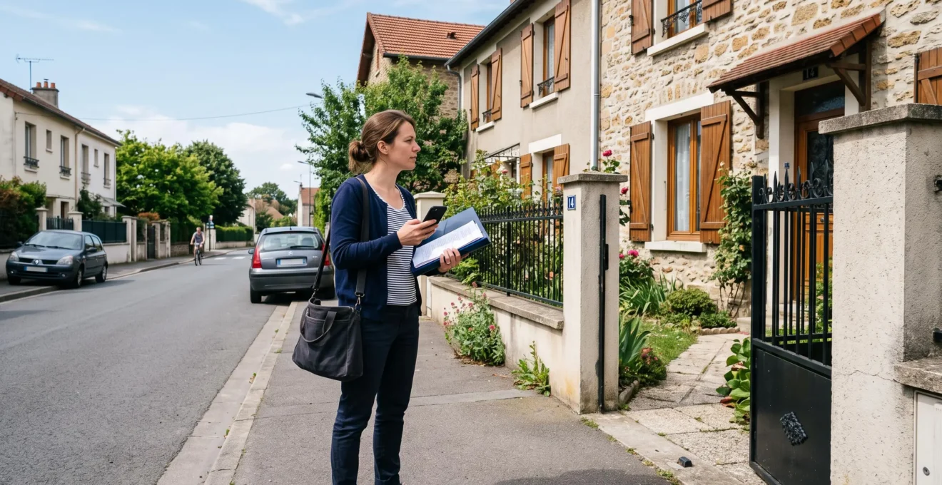 Une femme observe attentivement une maison individuelle depuis l'extérieur, tenant un smartphone et un dossier de documents.