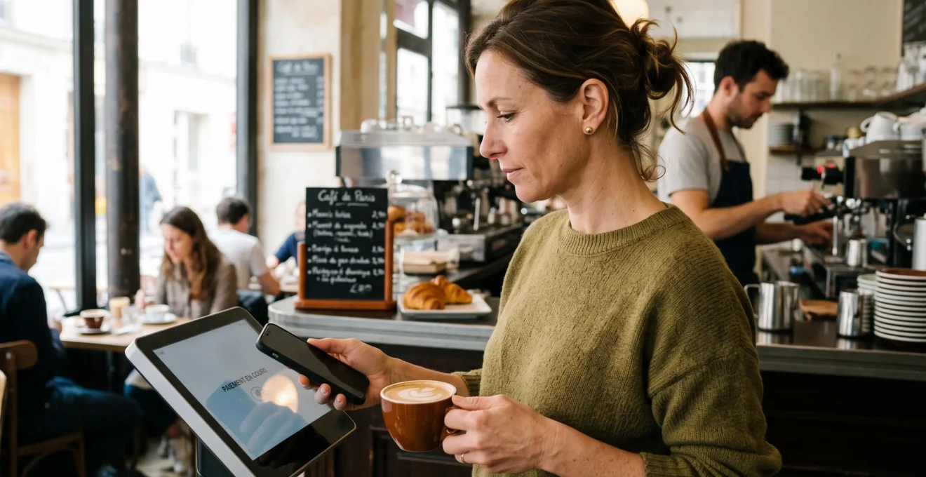 Une femme paie sans contact avec son smartphone au comptoir d'un café, le terminal de paiement devant elle.