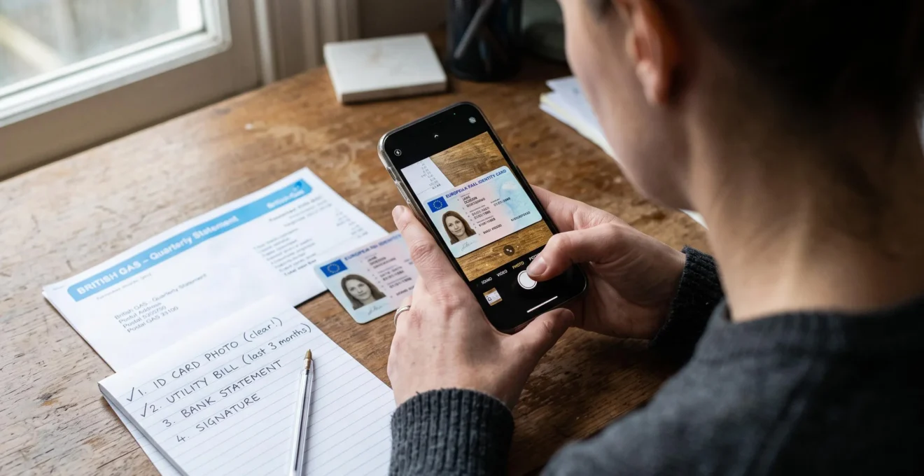 Une personne photographie sa carte d'identité posée à plat avec son smartphone, un justificatif de domicile à côté sur le bureau.