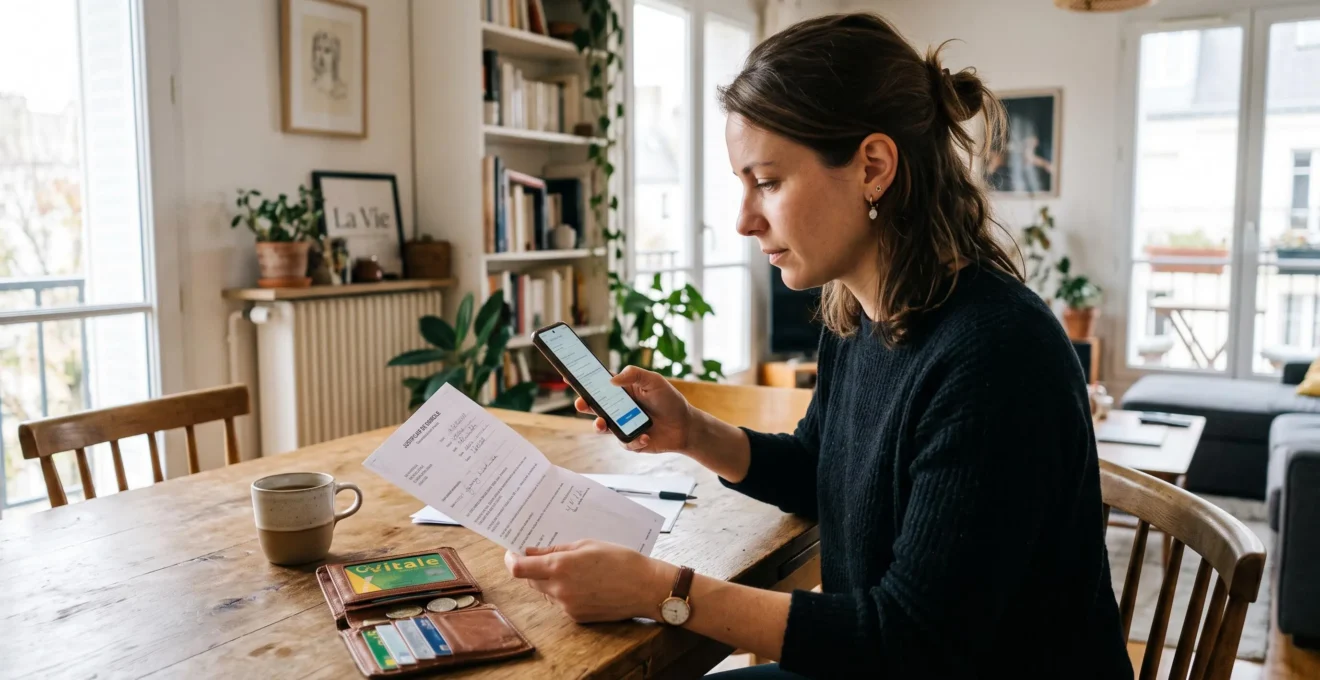 Une personne assise à la table d'un appartement complète une souscription de compte bancaire sur son smartphone, un justificatif de domicile posé à côté.