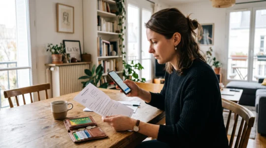 Une personne assise à la table d'un appartement complète une souscription de compte bancaire sur son smartphone, un justificatif de domicile posé à côté.